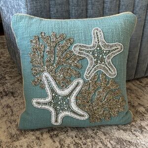 Light Blue Beaded Coastal Starfish Accent Pillow